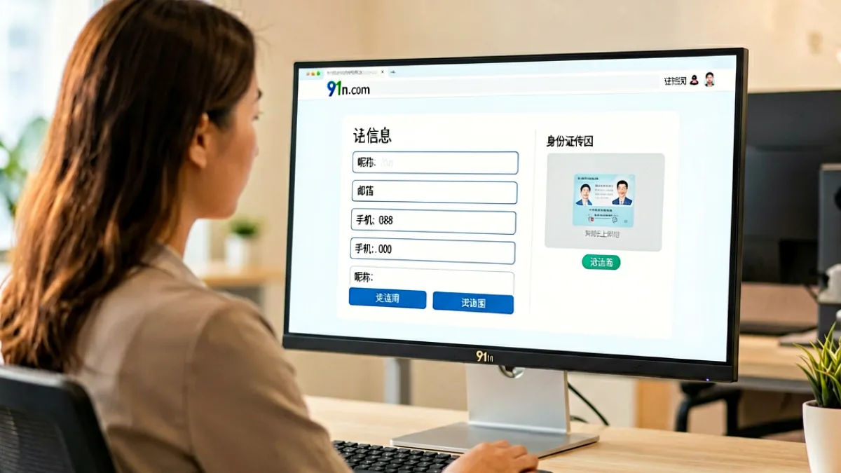 用户正在电脑前完成91n.com平台的注册与认证流程，屏幕上显示信息填写表单与身份证上传区域